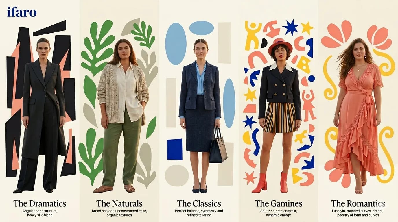 The five Kibbe style archetype families — Dramatic, Natural, Classic, Gamine, and Romantic — illustrated with diverse model portraits and their defining silhouette characteristics