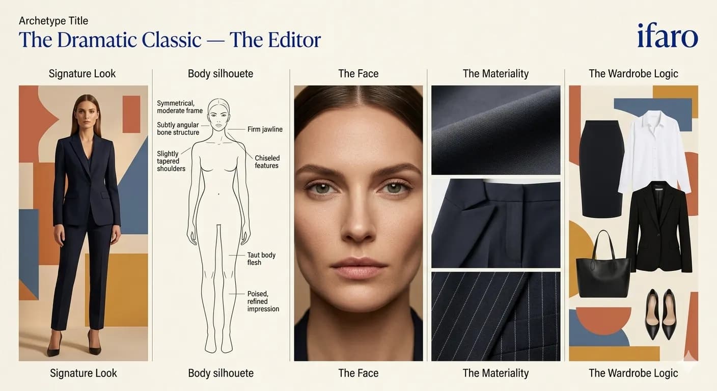 Kibbe Dramatic Classic archetype style guide showing The Editor's tailored silhouette, refined face features, crisp fabrics, and polished monochromatic wardrobe