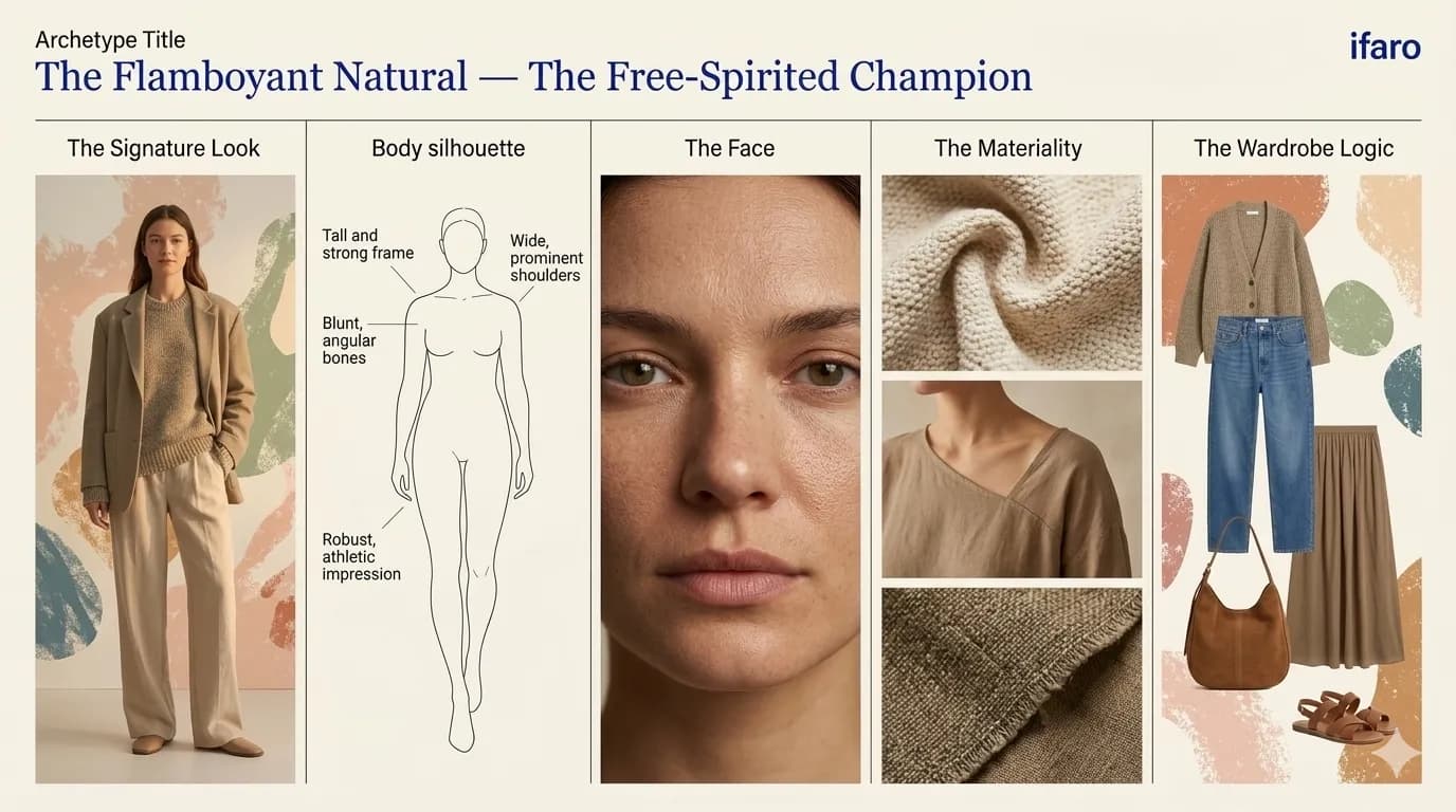 The Flamboyant Natural Kibbe archetype style guide — body schematic showing wide open frame with strong broad shoulders, natural texture swatches, and wardrobe logic for The Free-Spirited Champion type