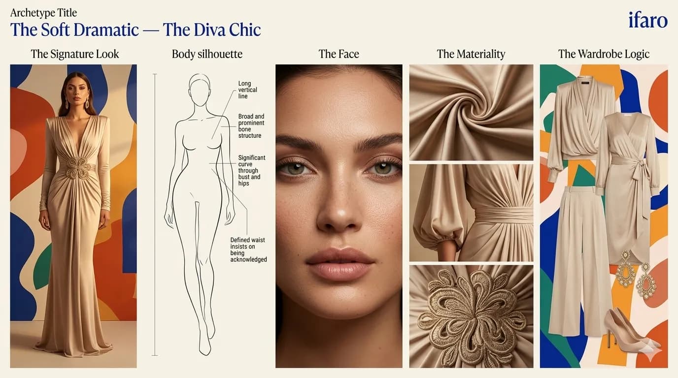 Kibbe Soft Dramatic archetype style guide showing The Diva Chic's elongated curved silhouette, broad prominent bones softened by lush flesh, draped silk fabrics, and bold flowing wardrobe