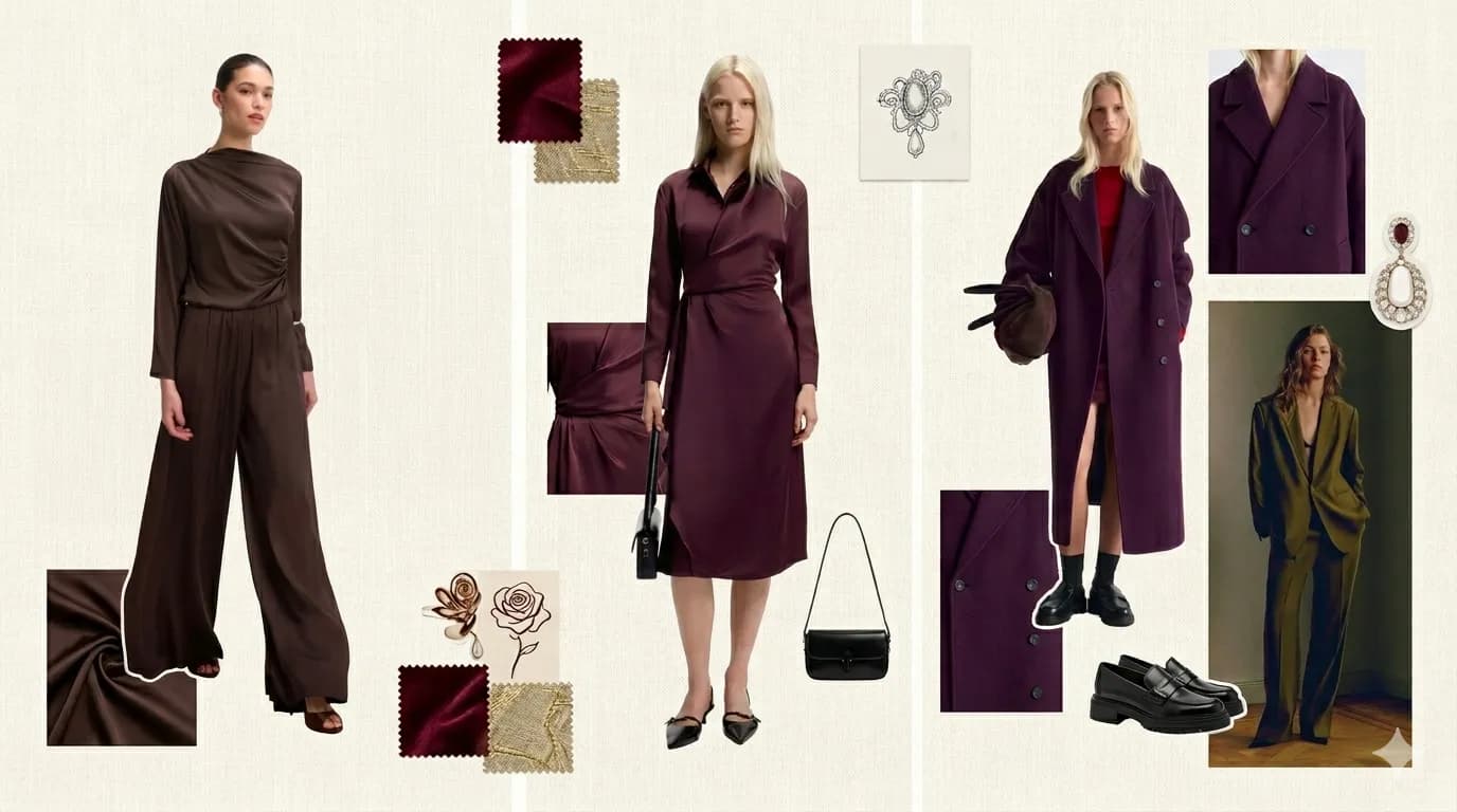 A Kibbe Soft Dramatic style mood board for women featuring a draped brown satin jumpsuit, a deep burgundy wrap dress, and a long purple wool trench coat on a linen-textured background.