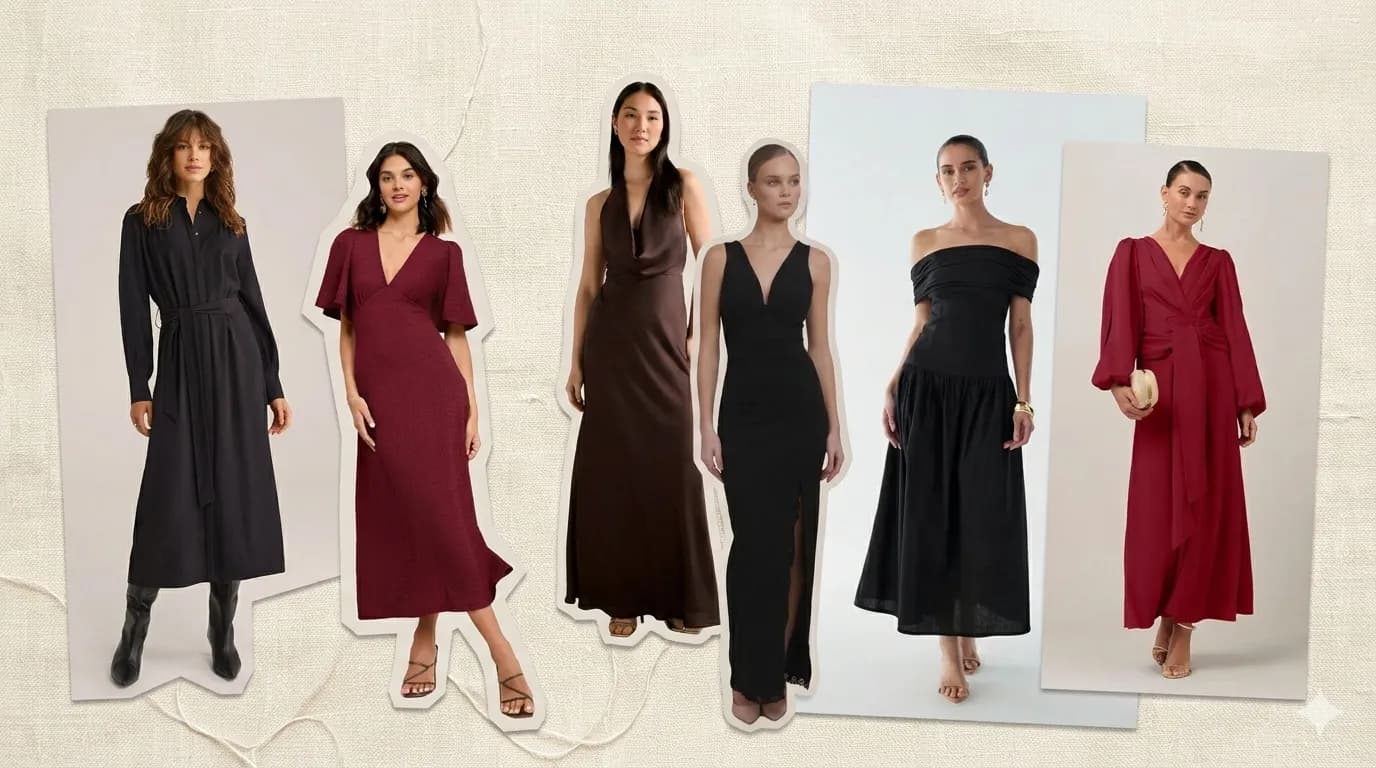 A curated collection of six diverse dresses suitable for the Kibbe Theatrical Romantic body type, showcasing soft lines, defined waists, and glamorous details on a neutral linen background.
