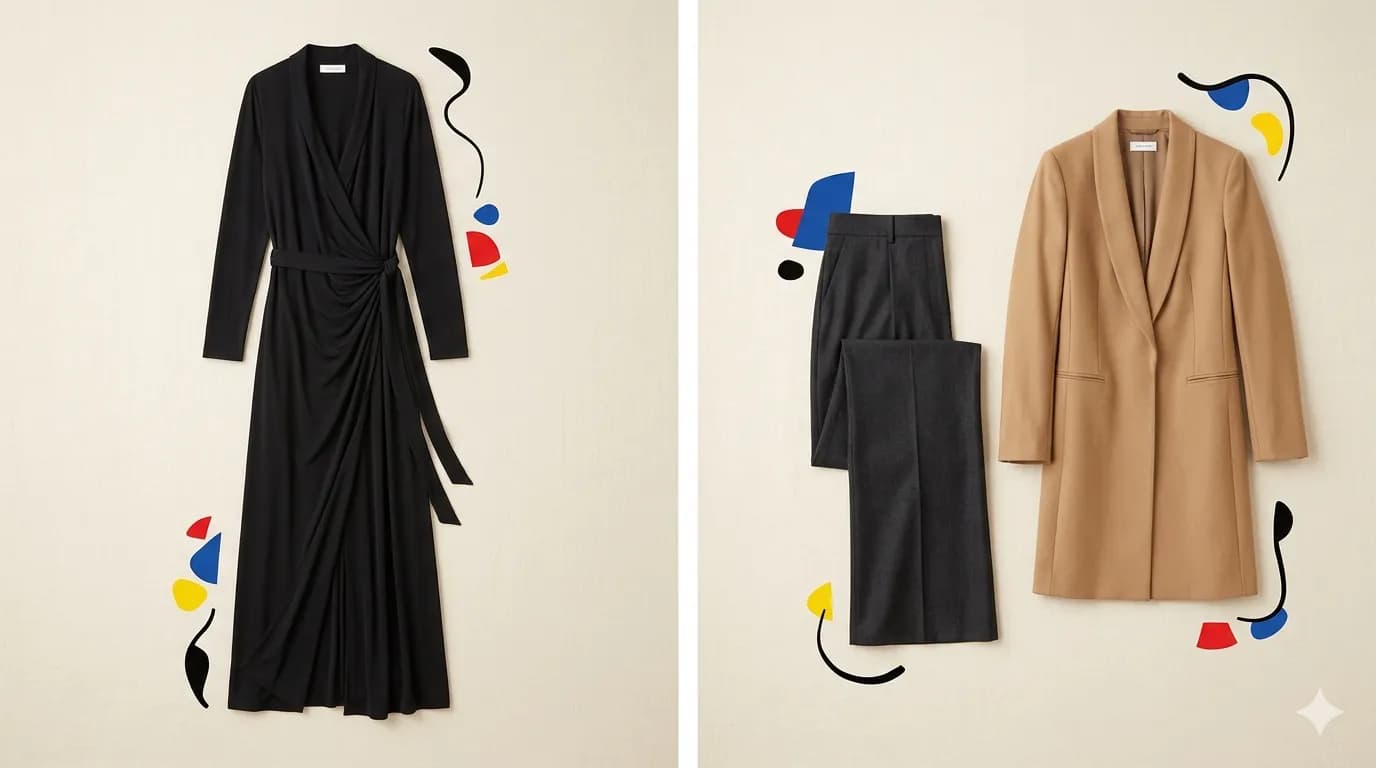 Soft Dramatic capsule wardrobe: a black jersey wrap dress with tie waist beside a camel longline wool coat styled with slim dark trousers, with abstract Miró-style color shapes