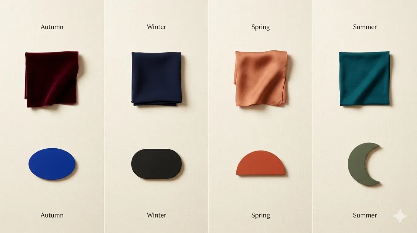 Seasonal color palette guide for the Soft Dramatic archetype — rich burgundy for Autumn, deep navy for Winter, warm salmon for Spring, and jewel-toned teal for Summer, each paired with complementary accent swatches