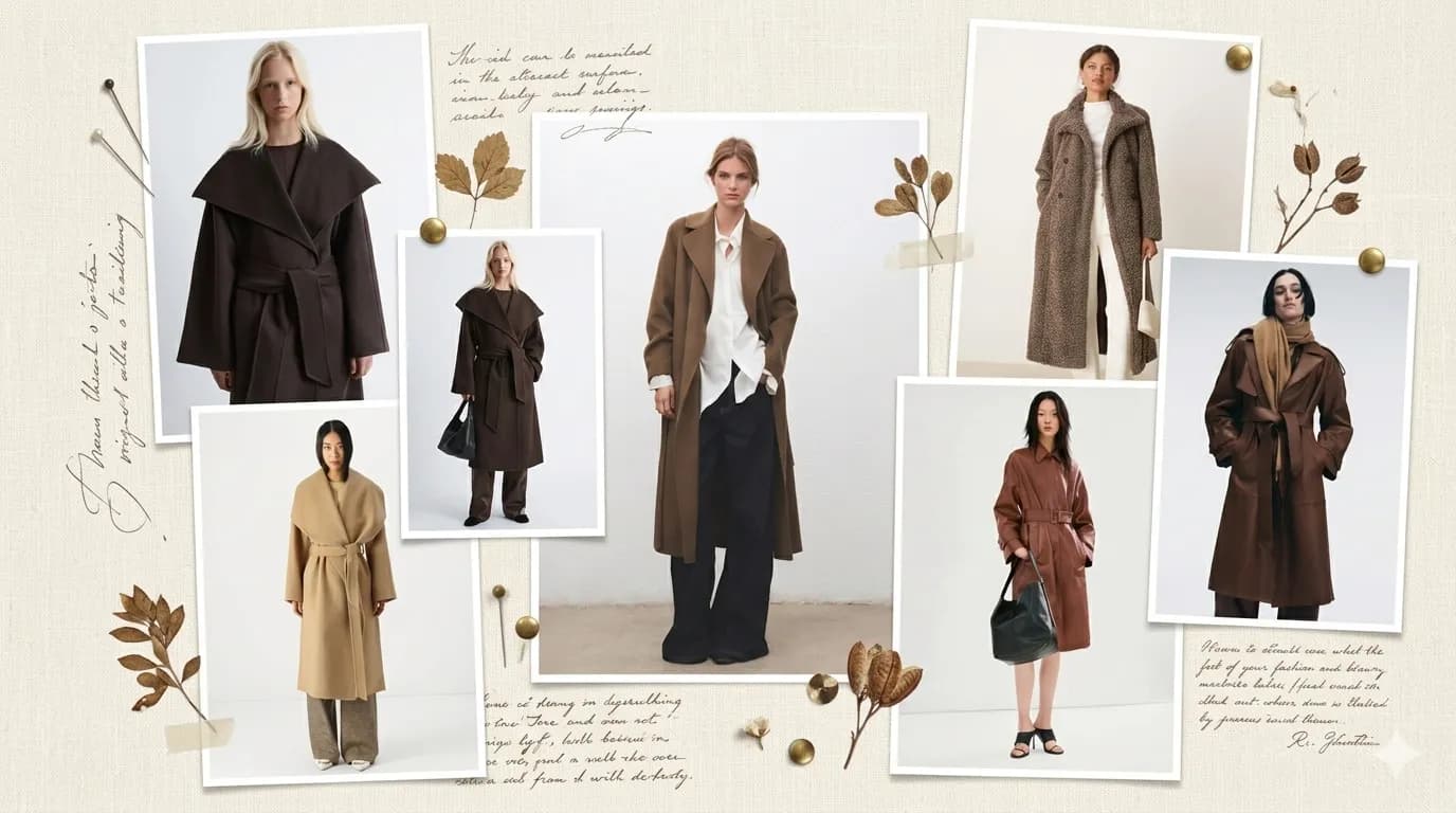 A fashion editorial collage featuring six long-line coats ideal for the Kibbe Soft Dramatic body type, showcasing T-shape silhouettes, waist definition, and plush textures like wool and leather in rich earth tones on a warm linen background.